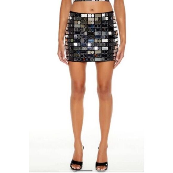 Forever 21 Wmns Metallic Mirrored Mini Skirt Sequins Bling Sparkly Blk, NWT, S - Picture 5 of 7